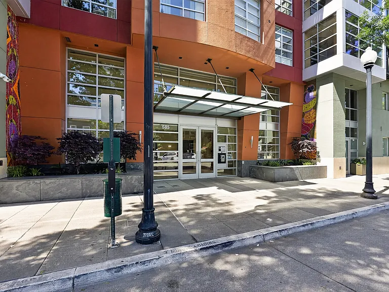 Street-level building entrance with controlled access in the heart of Old Oakland.