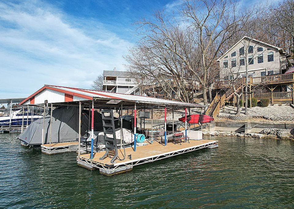 On the water with a dock.