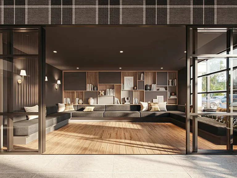Our cozy library lounge with built-in seating, warm wood finishes, and a quiet place to unwind.