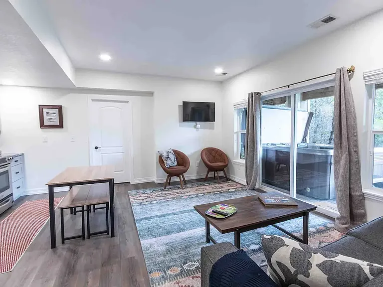 Basement living and kitchen