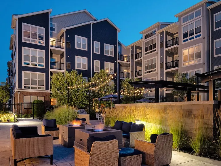 Courtyard with fireplace and lounge seating