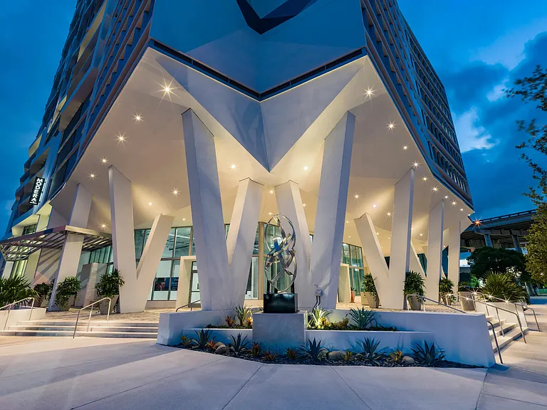 Striking entrance at Modera Riverside, where bold design meets the vibrant rhythm of Miami living.