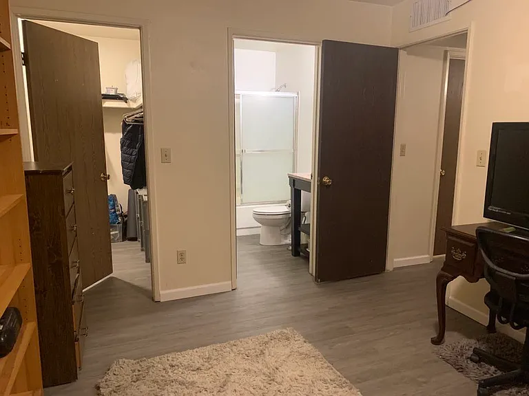 Master bedroom; walk-in closet on the left, bathroom on the right