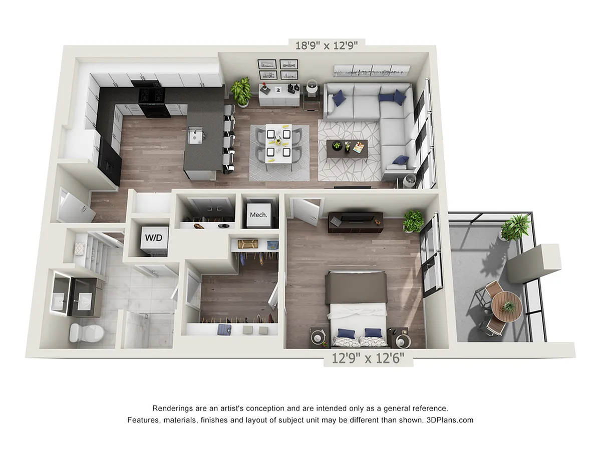 Floor plan One Bedroom One Bath (865 SF)