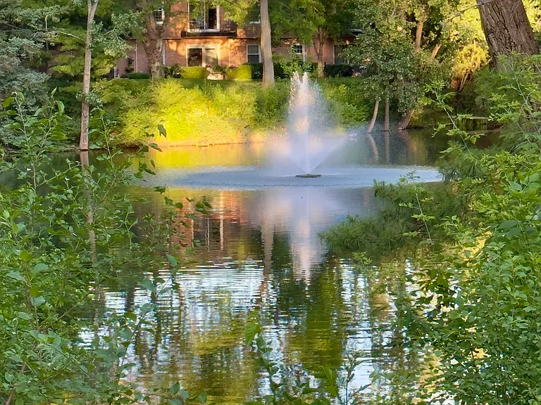 The pond with the water fountain in the evening