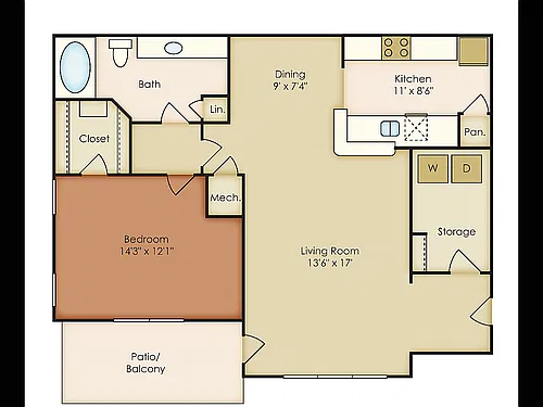 Floor plan 1 Bed, 1 Bath C (80% Income Restricted)
