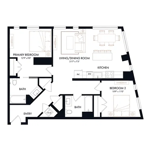 Floor plan B2 | 2 Bed | 2 Bath