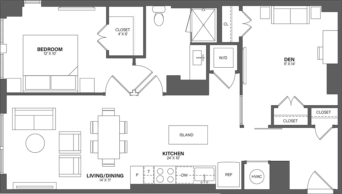 Floor plan 1 Bed/1 Bath Den-AD5