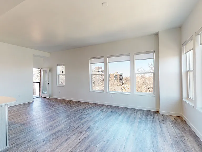 Apartment living room with wood-style flooring.