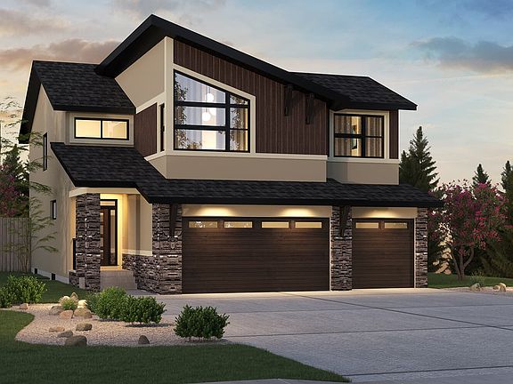 Exterior view of the Savona 3 Rustic Contemporary model by Brookfield Residential in Calgary.