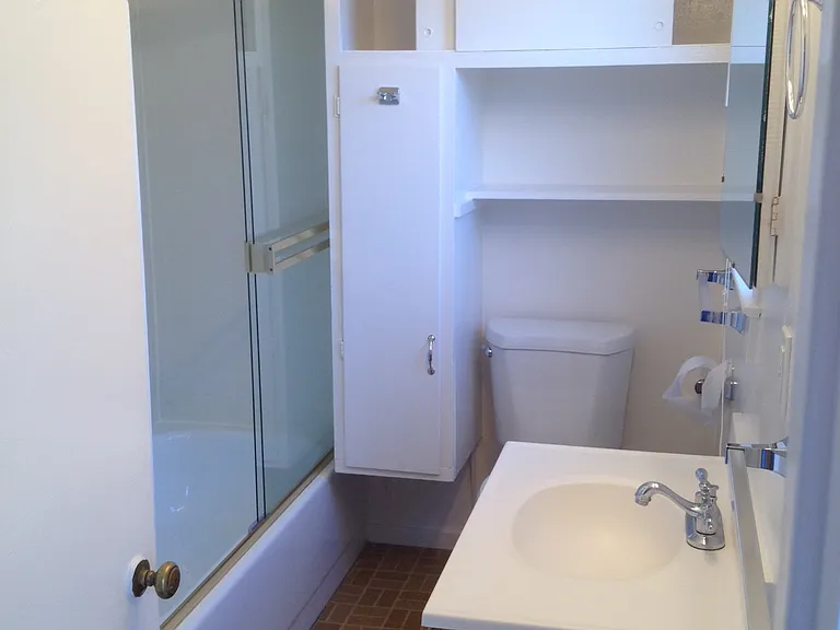 Bathroom with vanity and tub/shower to the left.