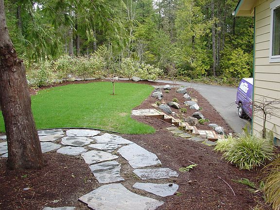 Professionally landscaped yard with automated sprinkler system.