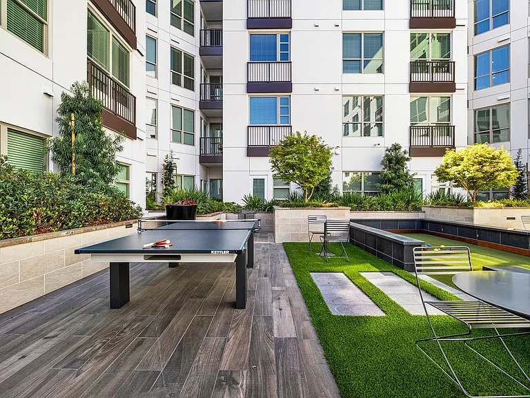 Courtyard with ping pong, bocce, and spaces to connect