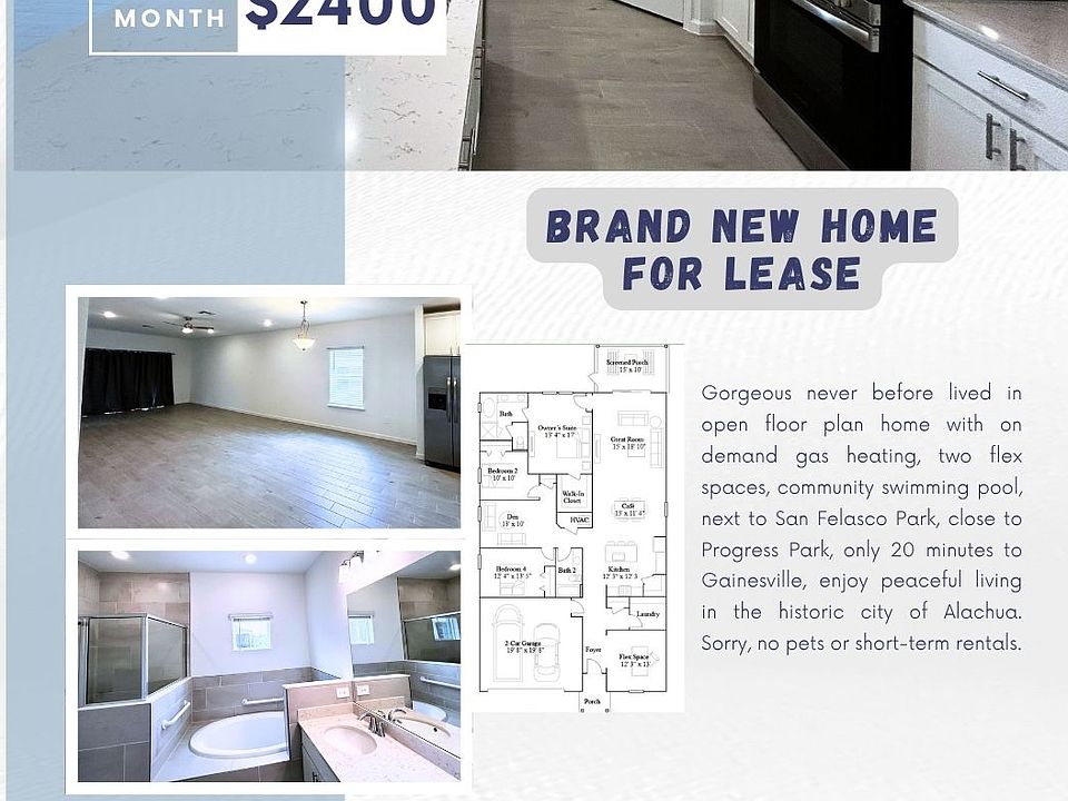 Flyer for beautiful never before lived in home in the City of Alachua Florida.