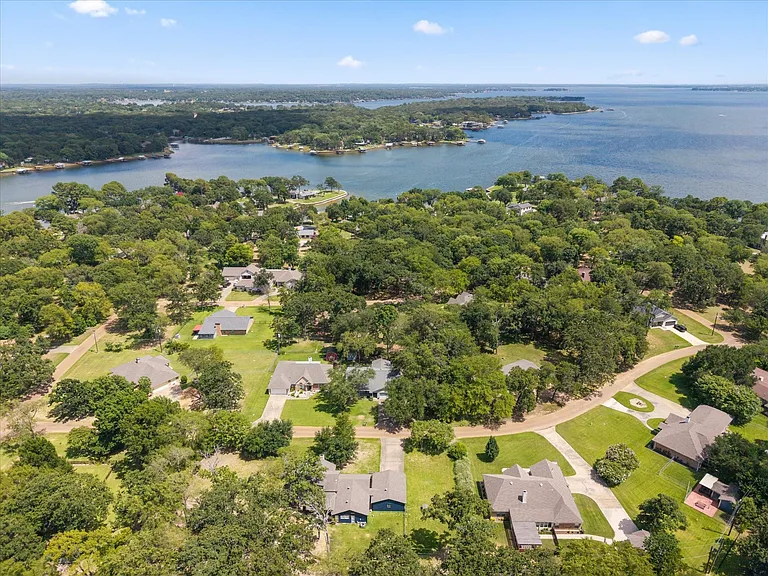 Aerial perspective showcasing a residential area with varied architectural styles, mature trees, and extensive green landscaping