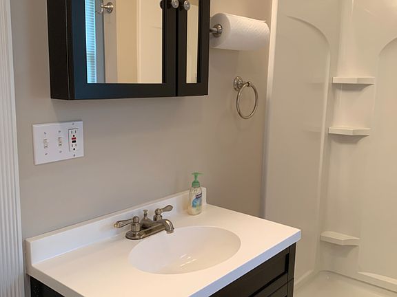 Full bathroom 48 inch shower, base and upper vanity with lighting