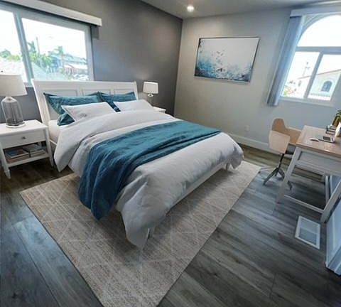 one of three bedrooms. This bedroom comes with its own walk-in closet and full bath