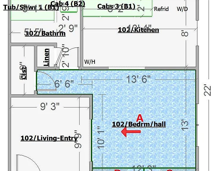 Lay out of Studio Apt, 500SF, Capet in Bedrm/hall area.