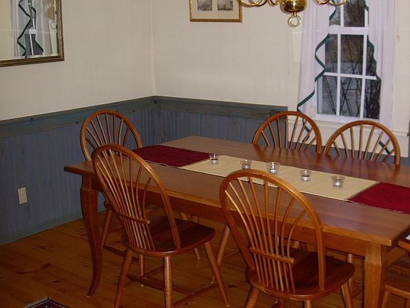 Dining room with wainscoting and wide-plank floors