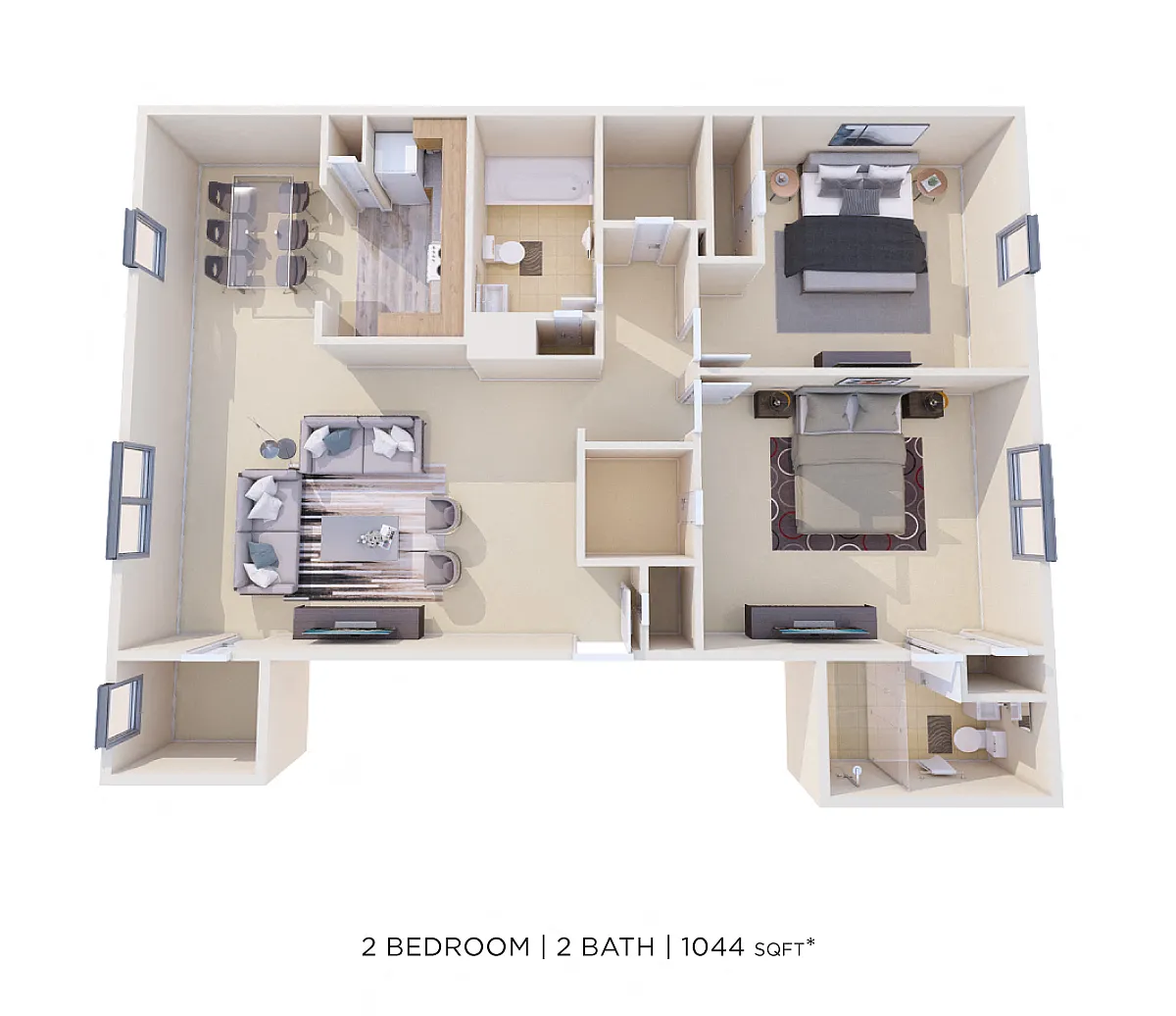 Floor plan Two Bedroom 2 Bath - 1,044 sqft