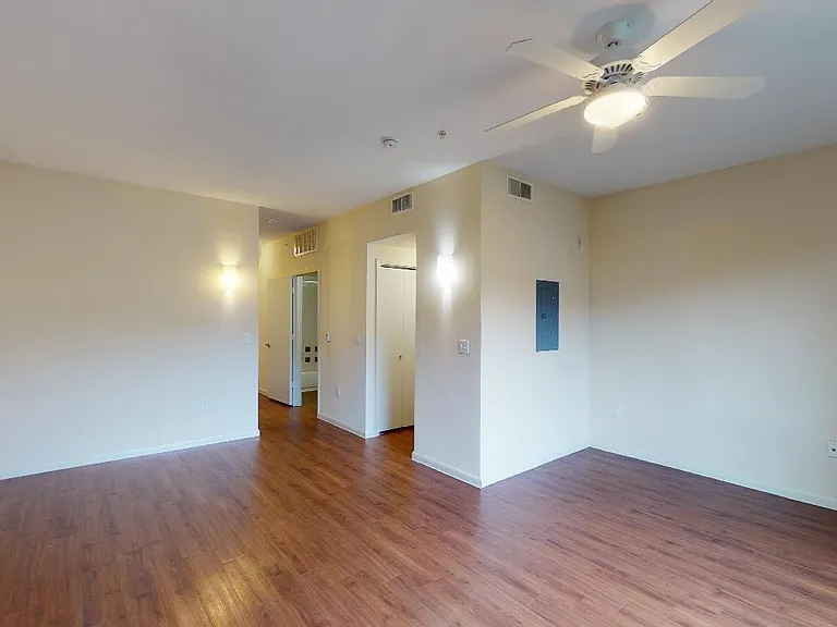 Apartment living room with wood-style flooring.