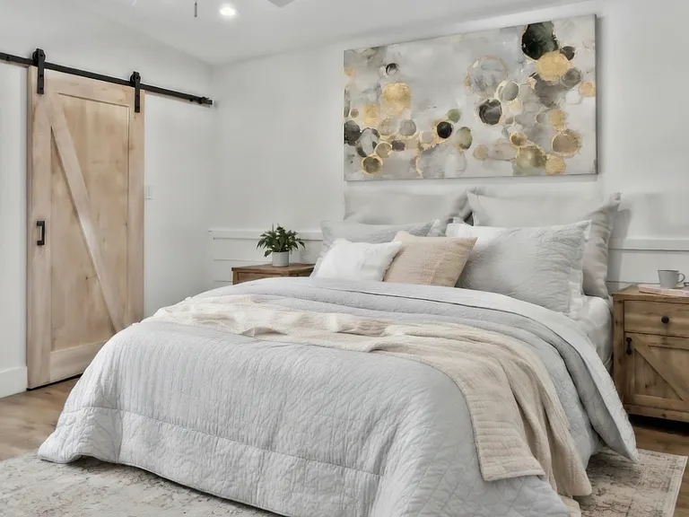 Sink into king sized bed featuring ultra-soft, high-thread-count white linens.