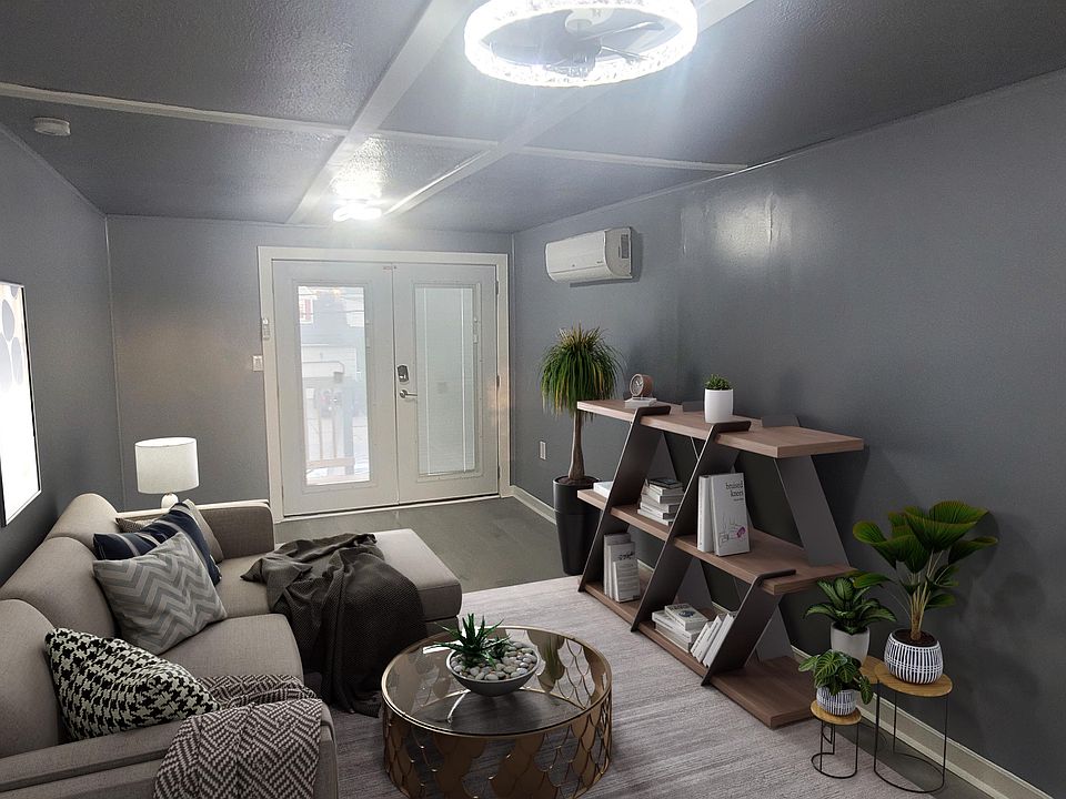 Open concept living area, with French doors.
