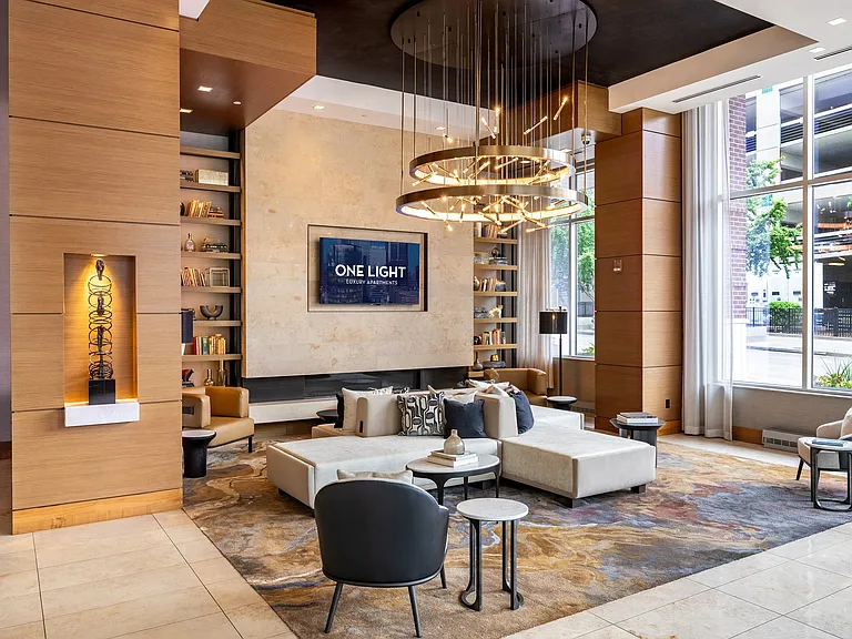 The refreshed lobby at One Light Luxury Apartments
