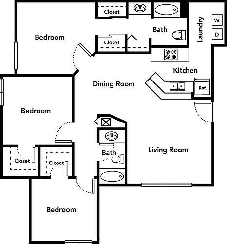Floor plan Three Bedroom Two Bathroom 60%