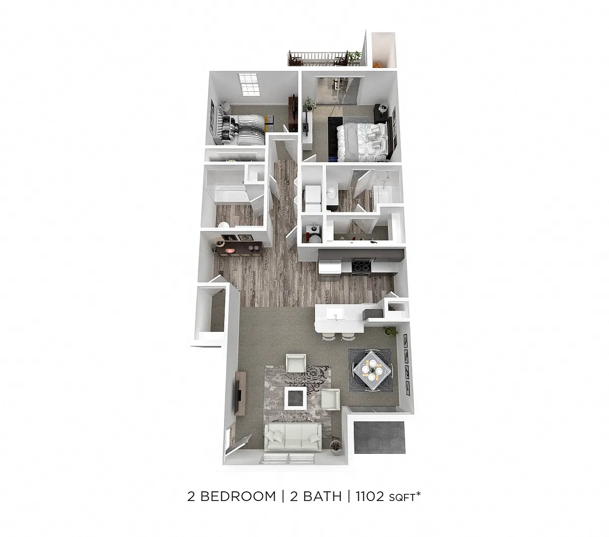 Floor plan Two Bedroom 2 Bath - 1,102 sqft