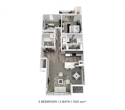 Floor plan Two Bedroom 2 Bath - 1,102 sqft