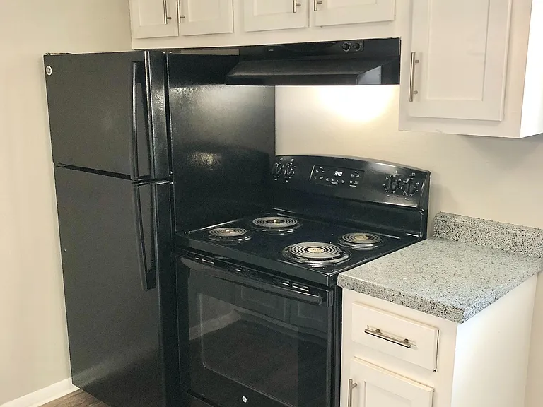 Chic kitchen with modern black appliances, sleek white cabinets, and stylish granite countertops.