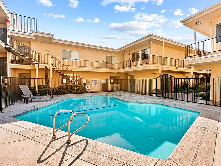 Five large outdoor pools in each of five individual buildings.