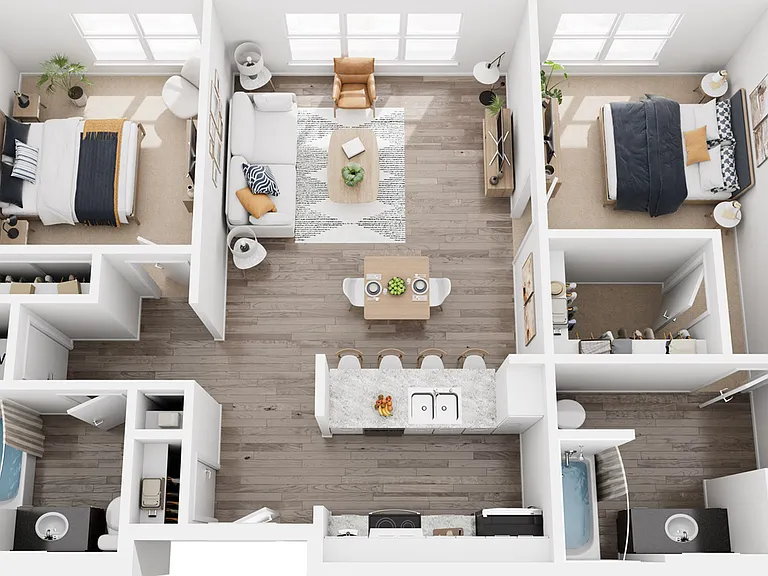 Modern 2D floor plan featuring 2 stylish bedrooms, an open living area, chic kitchen with breakfast bar, and sleek bathroom. Modern 2D floor plan featuring 2 stylish bedrooms, an open living area, chic kitchen with breakfast bar, and sleek bathroom.