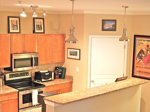 Granite countertops and stainless steel light fixtures
