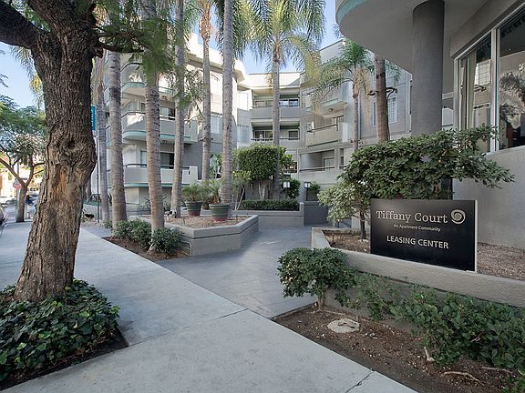 Building exterior with planters and palm trees near the leasing office.