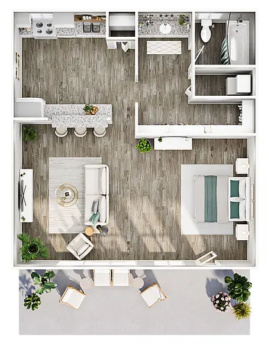 Floor plan 0 Bed, 1 Bath (600 Sq. Ft.)