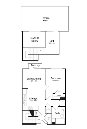 Floor plan One Bedroom/One Bath (1BL-A) Loft and Terrace