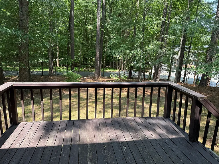 Back porch with wooded lot.