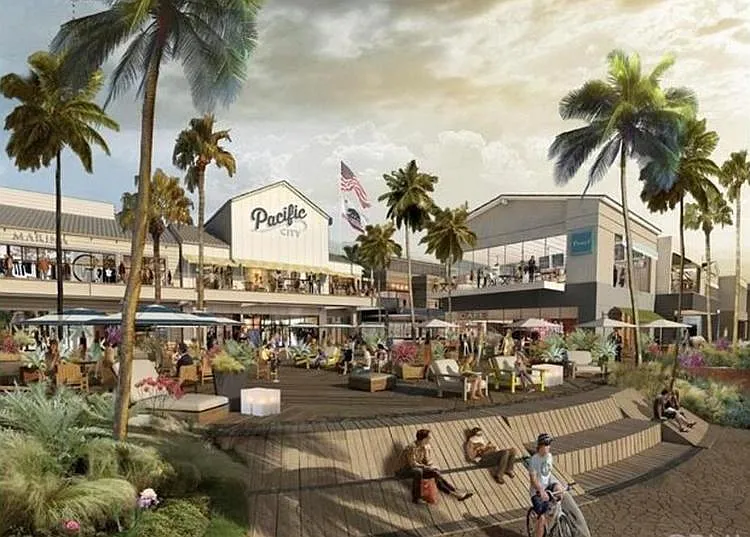 EXCELLENT Restaurants: a few minutes from downtown is this great shopping center for OCEAN FRONT restaurants and shops in front of sandy beach of Huntington Beach, California.