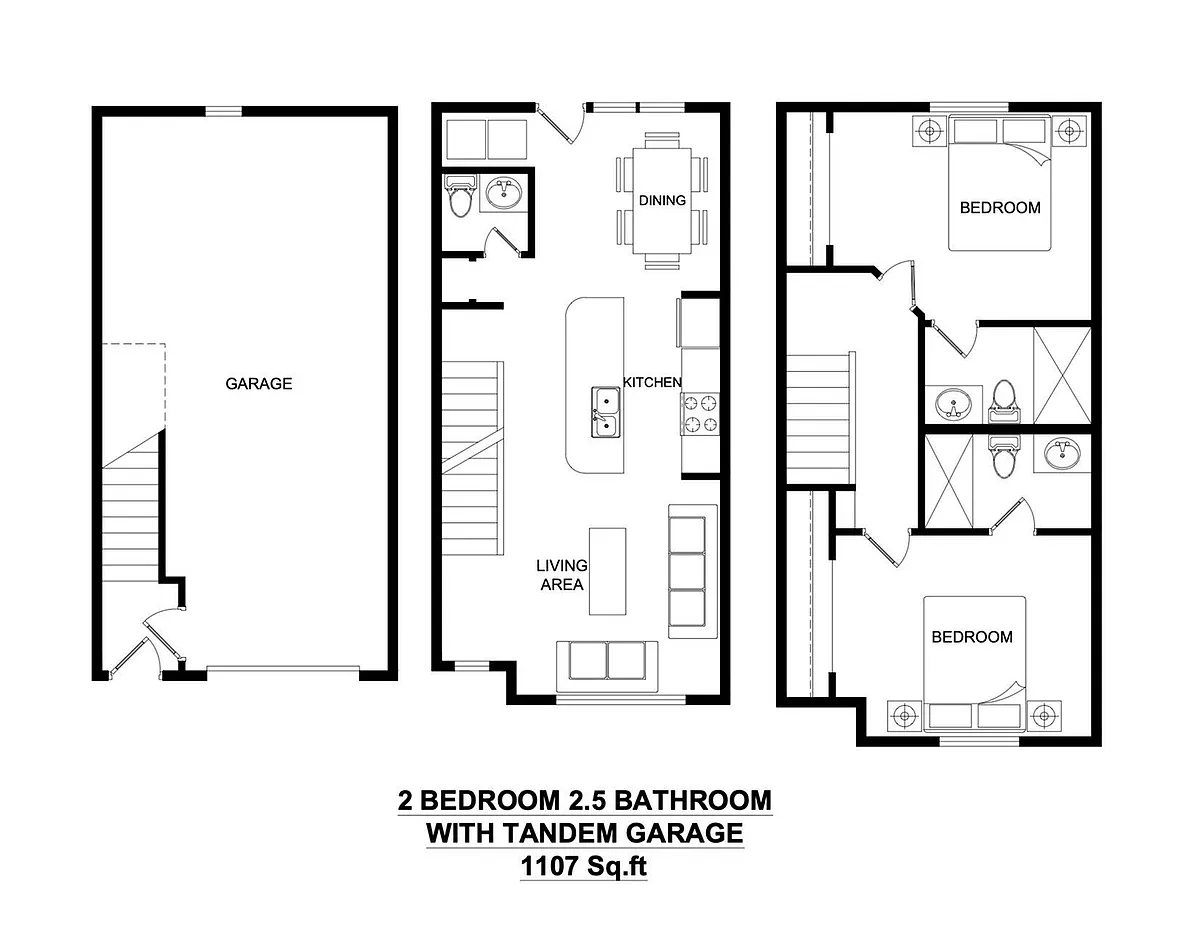 Floor plan 2 Bedroom 2.5 Bathroom with XL Garage