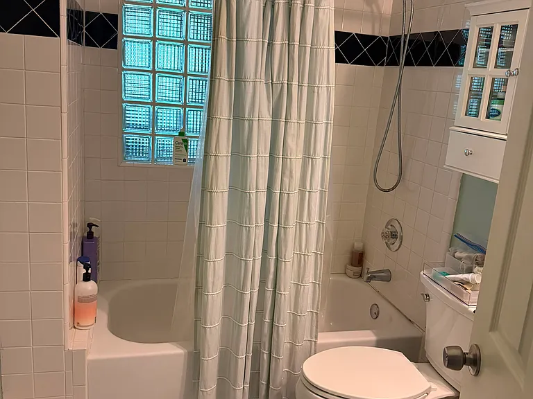 middle bath - period correct tiles and blockglass shower window