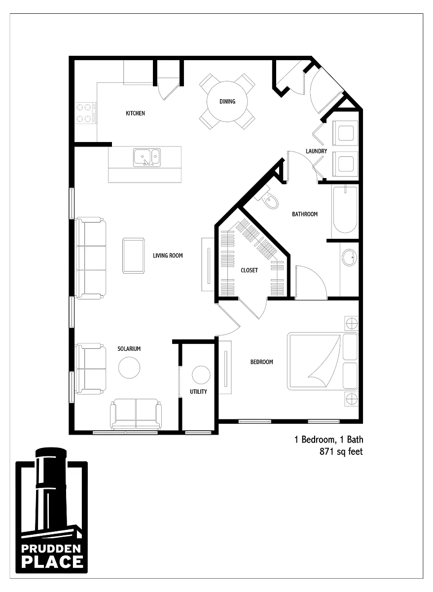 Floor plan 1 Bed 1 Bath Solarium