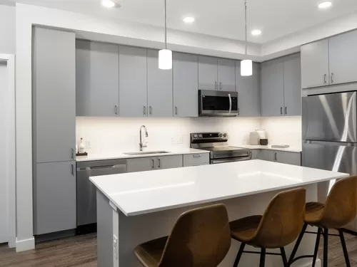 Modern kitchens with light grey cabinetry, white quartz countertops, stainless steel appliances, and hard surface flooring - Avalon Brighton