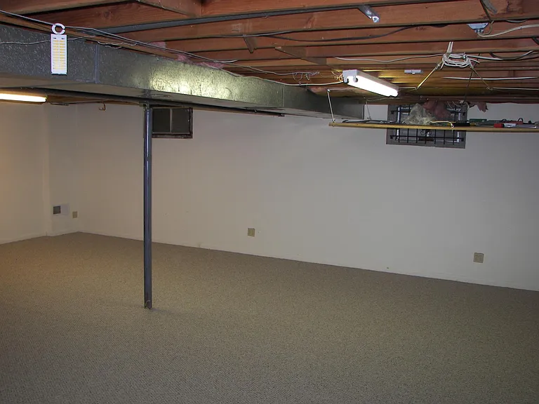 View of carpeted basement multiuser room.
