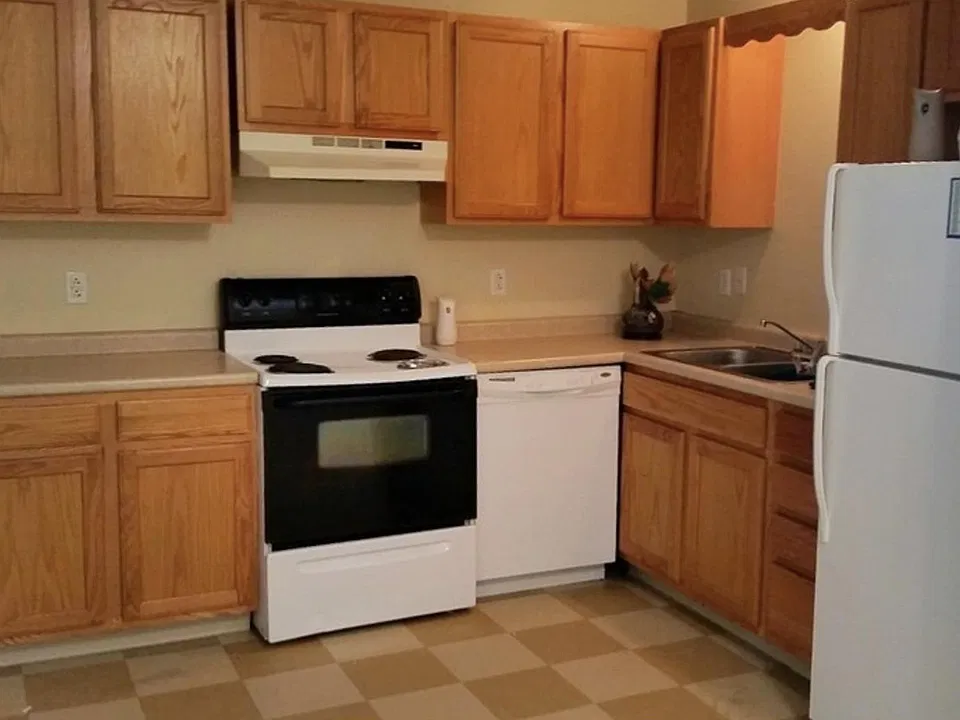 Kitchen with stove, fridge, and dishwasher