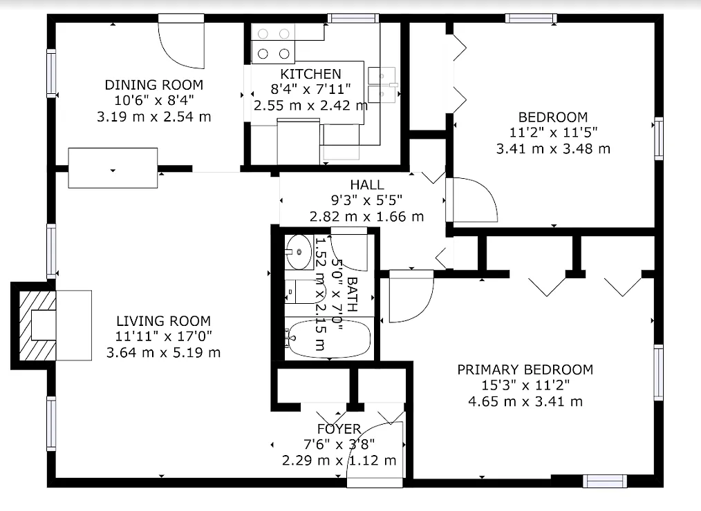 Floor plan 2 Bedroom 1 Bath with Fireplace (2cS)