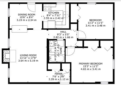 Floor plan 2 Bedroom 1 Bath with Fireplace (2cS)