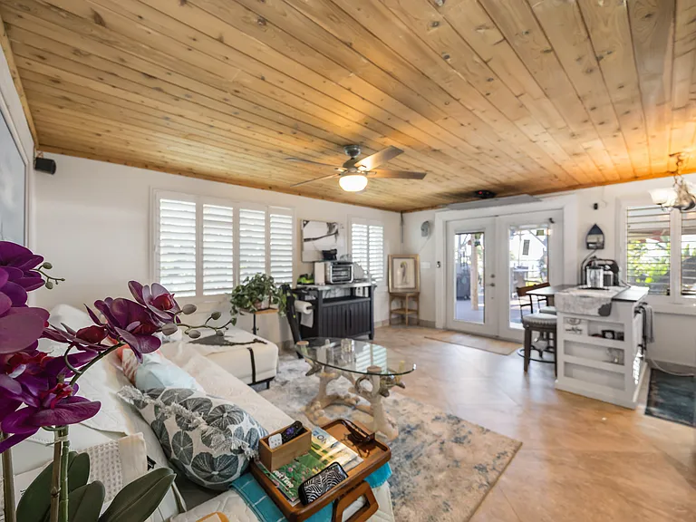 OWNERS DOWNSTAIRS SUITE MOTORIZED CEILING MOUNTED 55" LED TV ABOVE FRENCH DOORS