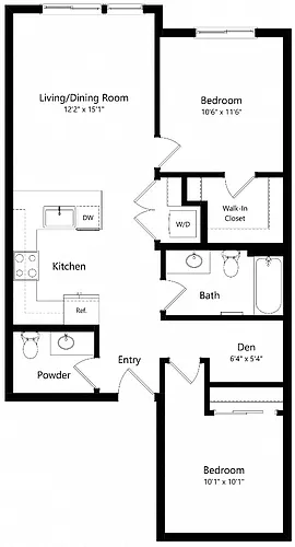 Floor plan BD8 Open Two Bed + Den